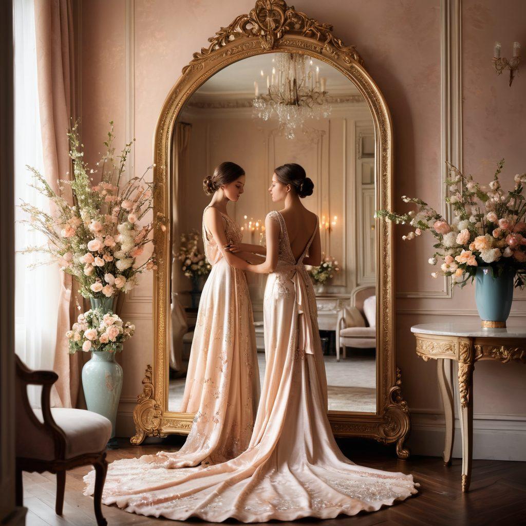 A graceful silhouette of a woman in an elegant gown, standing amidst a luxurious setting with soft, ambient lighting, surrounded by delicate flowers and stylish decor. Include a mirror reflecting the beauty, symbolizing self-reflection and sophistication. The color palette should be soft pastels with hints of gold. super-realistic. elegant ambiance. vibrant colors.